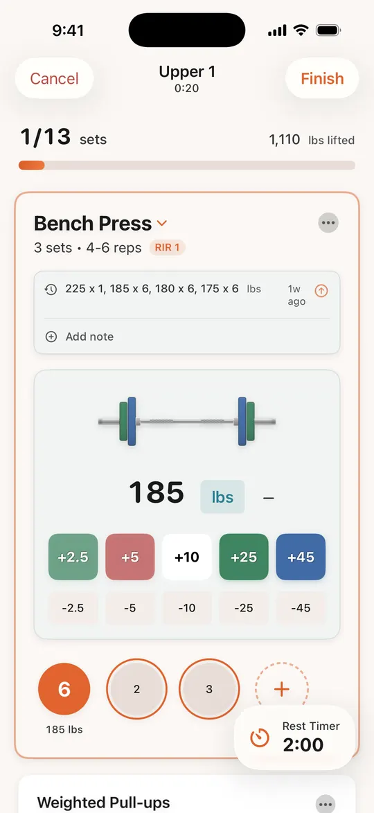 Bayou Fitness active workout screen logging Bench Press in Upper 1