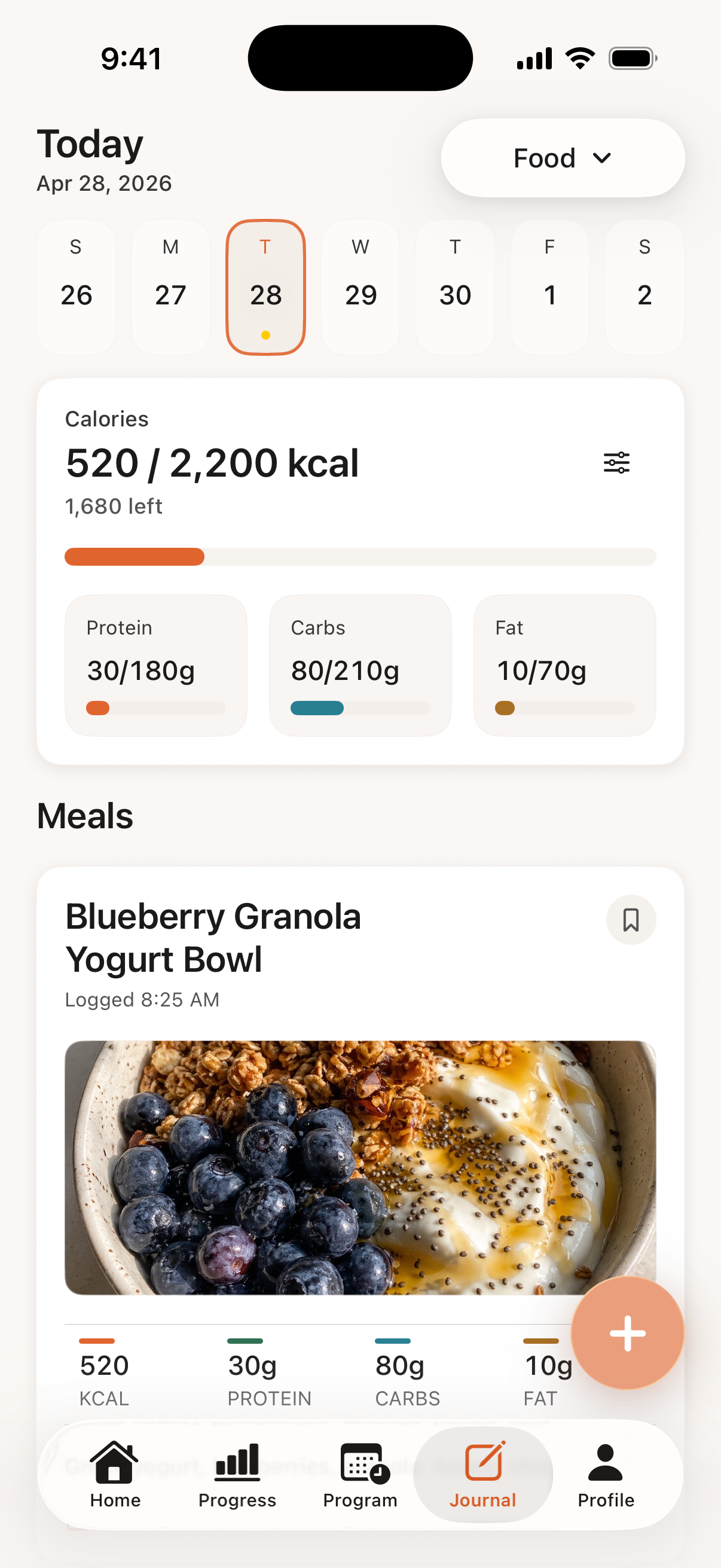 Bayou Fitness food journal screen showing a logged meal with calories and macronutrients