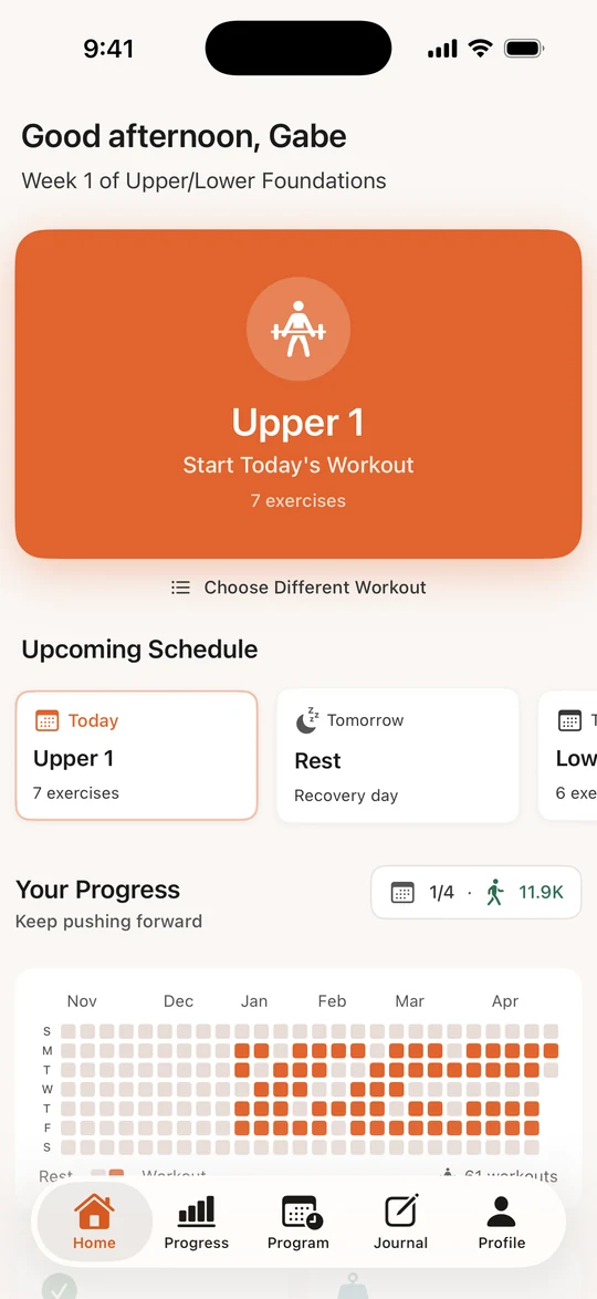Bayou Fitness home screen with today's Upper 1 workout ready to start