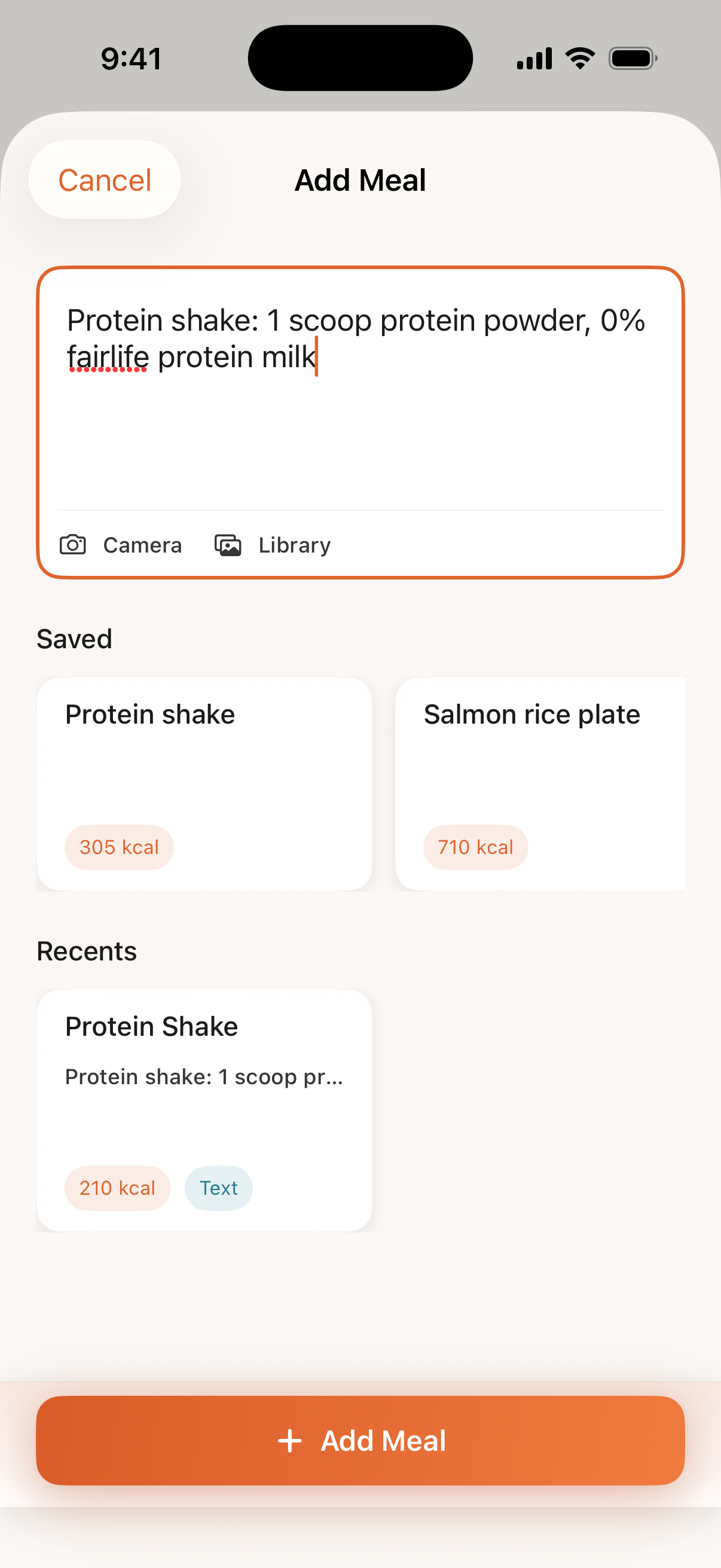 Bayou Fitness Add Meal screen accepting unstructured meal notes