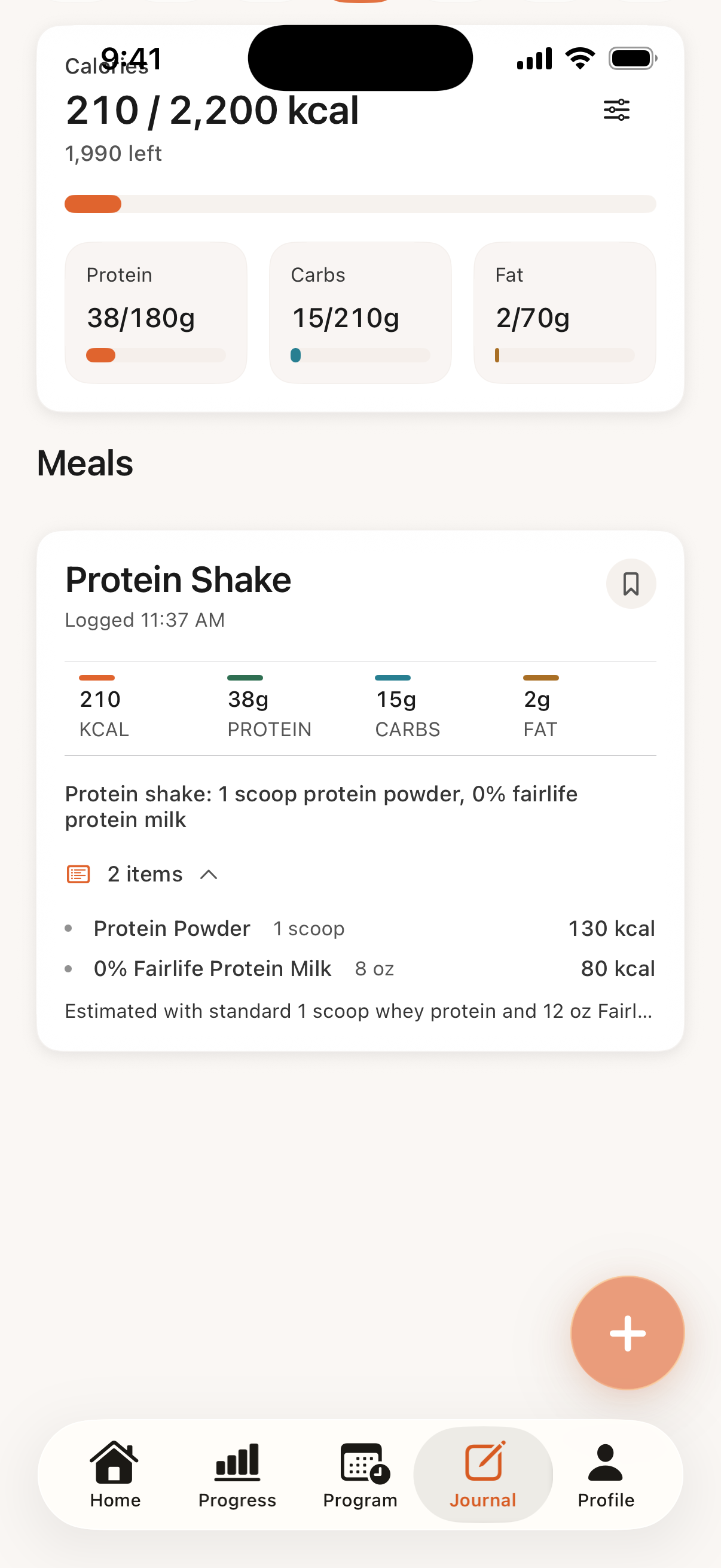 Bayou Fitness food journal showing AI-estimated calories, macros, and ingredients for a Protein Shake