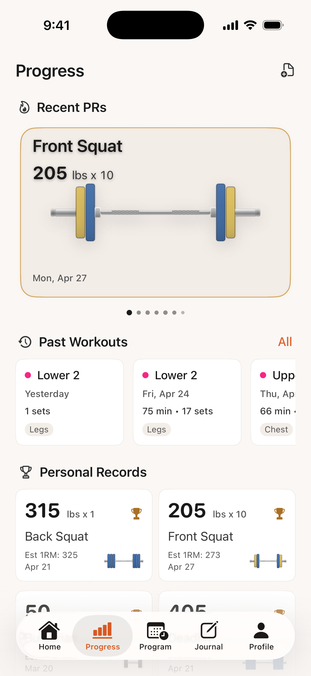 Bayou Fitness Progress screen showing recent PRs, past workouts, and personal records