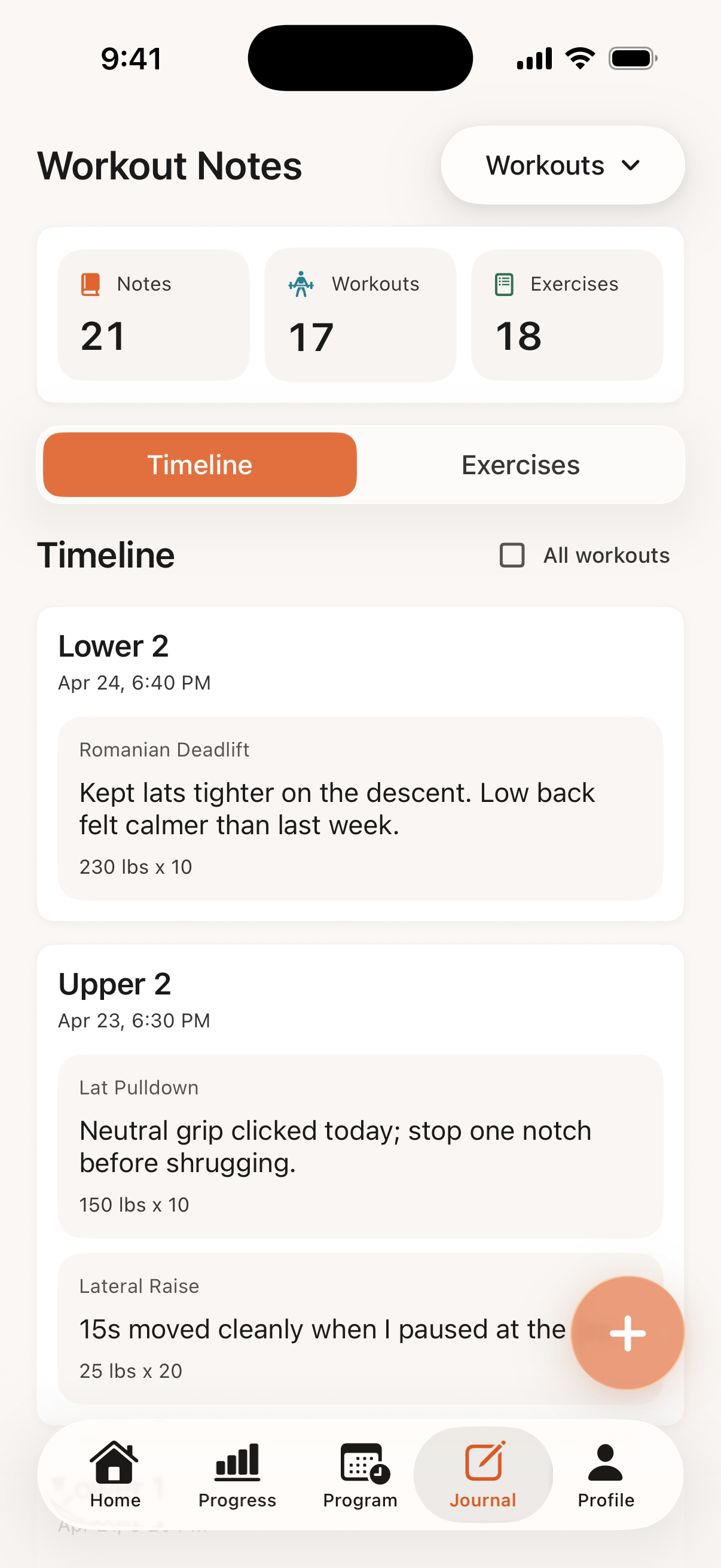 Bayou Fitness workout notes screen showing exercise notes from recent workouts