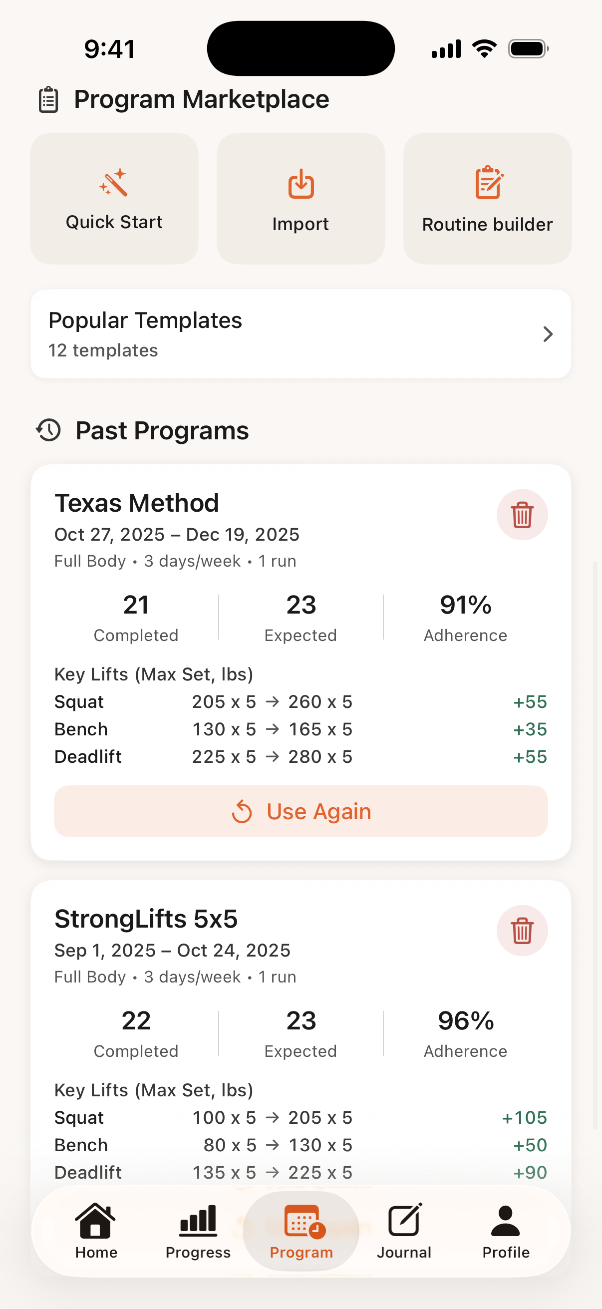 Bayou Fitness program marketplace and past programs screen