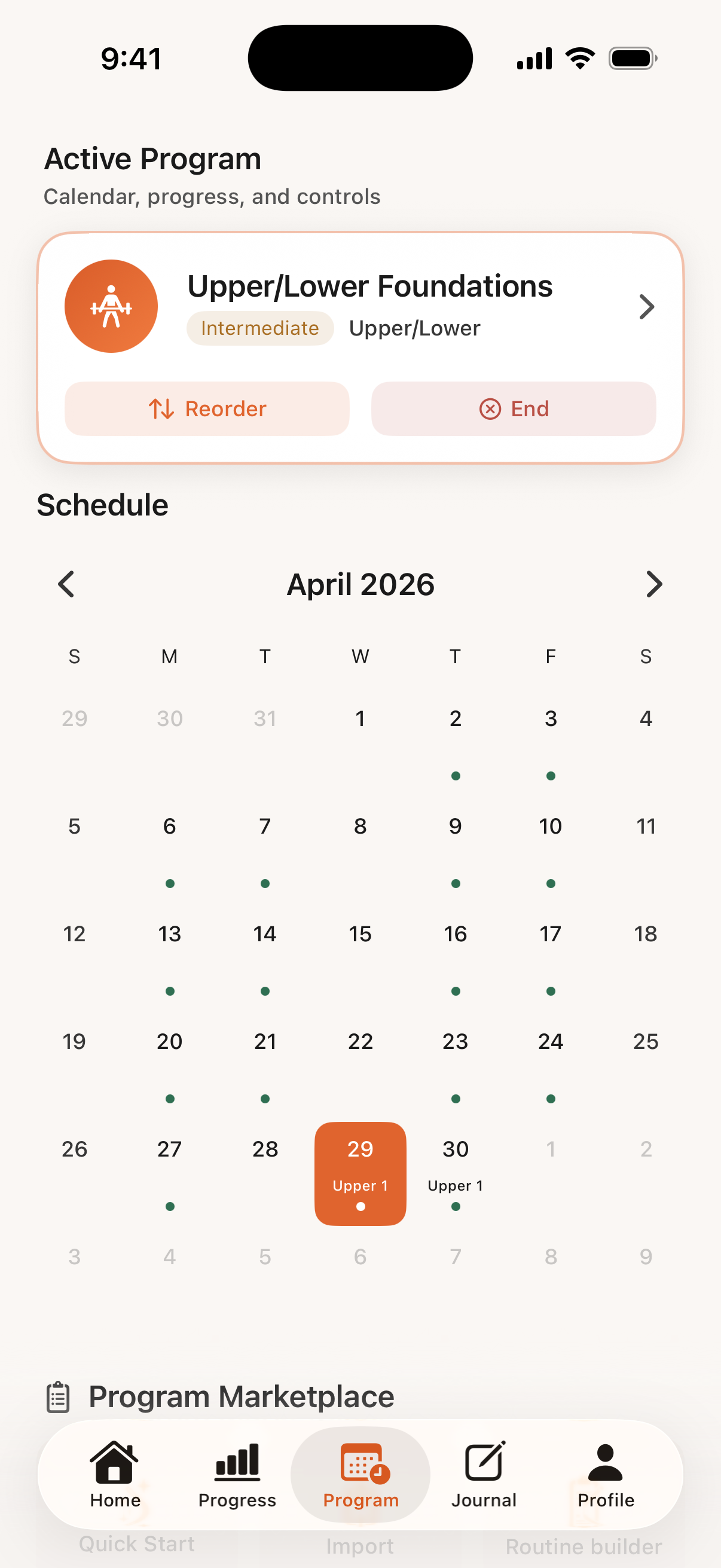 Bayou Fitness active program calendar screen