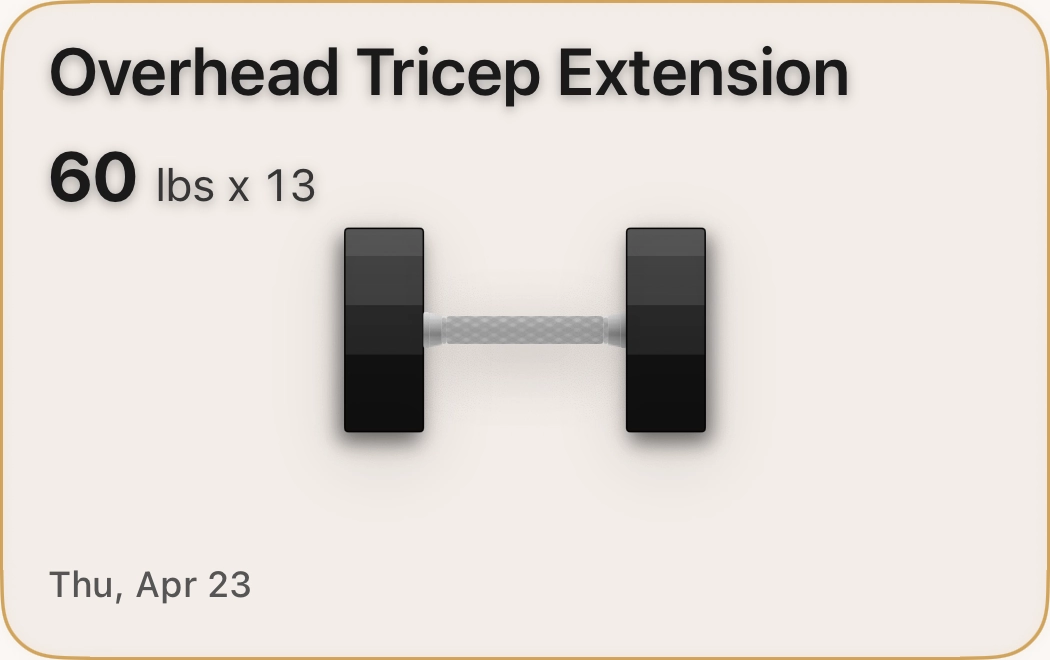 Overhead Tricep Extension personal record card using Iron Grip urethane dumbbells