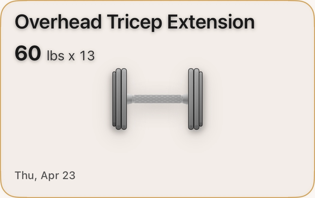 Overhead Tricep Extension personal record card using Ivanko steel dumbbells