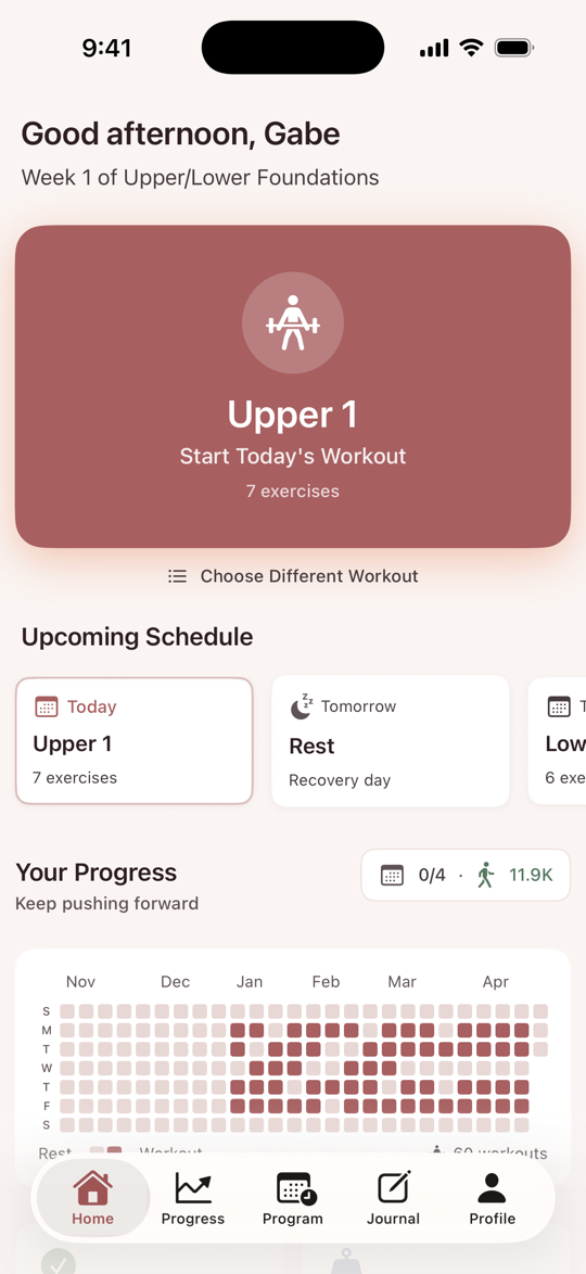 Bayou Fitness home screen in a clay red theme
