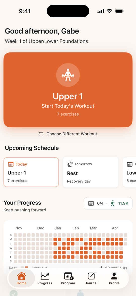 Bayou Fitness home screen in the Ignite orange theme