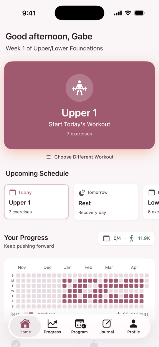 Bayou Fitness home screen in a mauve theme