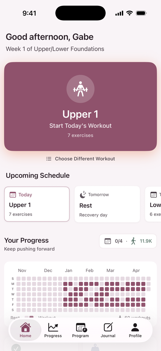 Bayou Fitness home screen in a plum theme