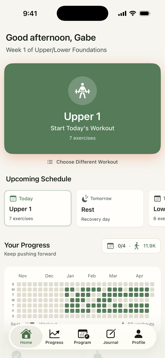 Bayou Fitness home screen in a sage green theme
